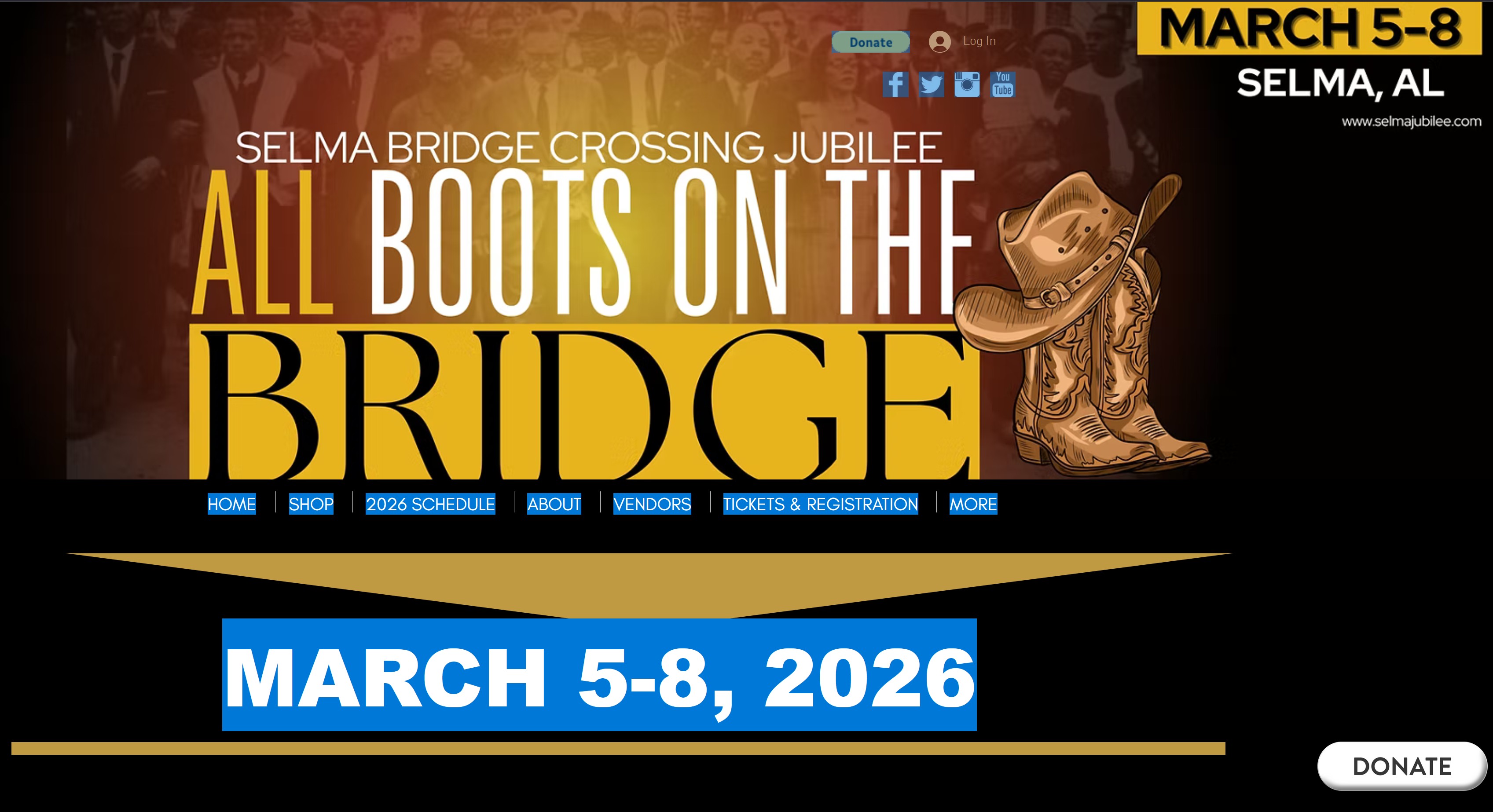 An advertisement for the Selma Bridge Crossing Jubilee event titled "All Boots on the Bridge," scheduled for March 5-8, 2026, in Selma, AL. The background features a historical photo, and there is an illustration of cowboy boots and a hat. Navigation links include Home, Shop, 2026 Schedule, About, Vendors, Tickets & Registration, and More. 